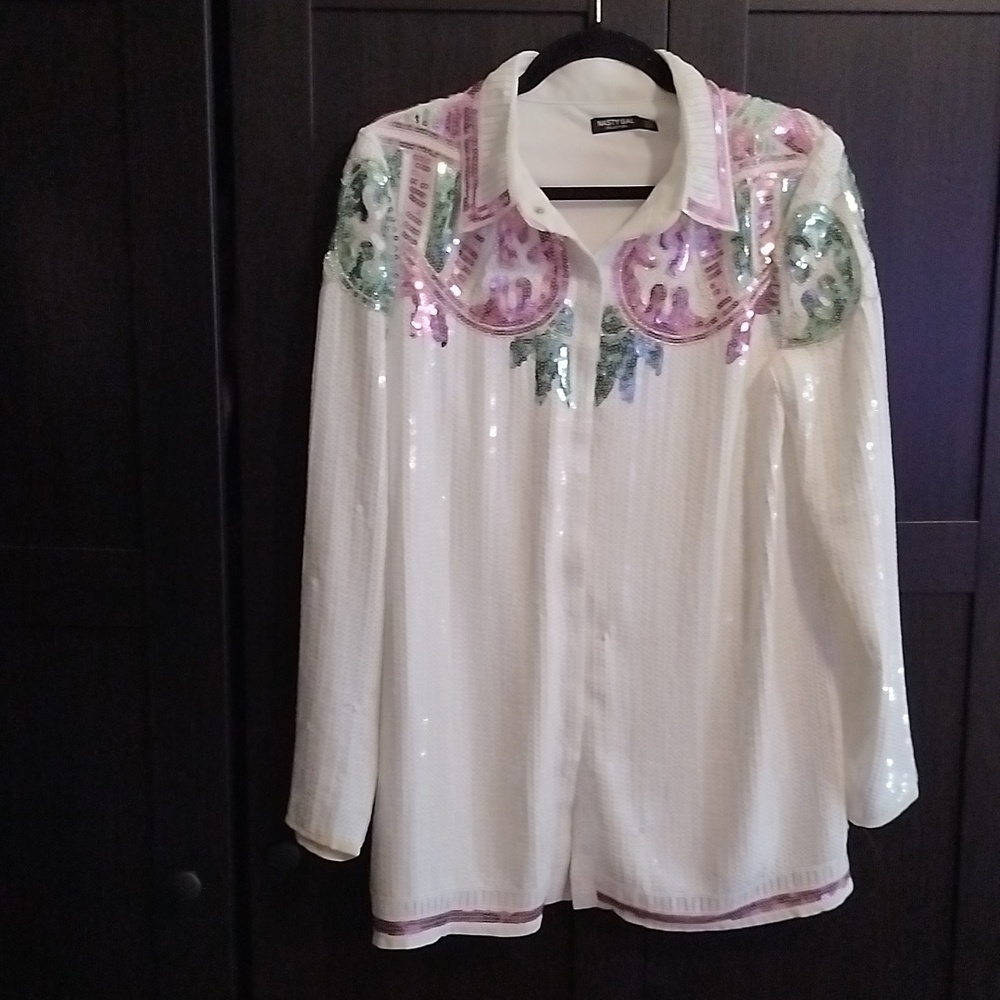 EUC Nasty Gal Fully Sequined White Dress Jacket Pink And Green Designs - Size 4 - Picture 4 of 10